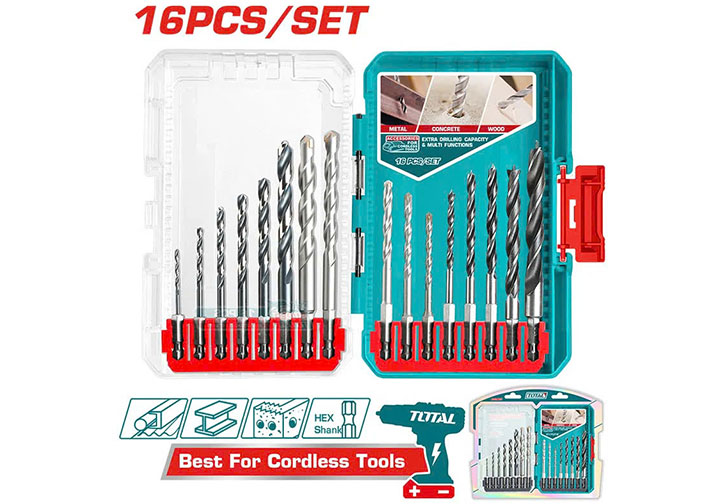 Bộ mũi khoan sắt, bê tông, gỗ chuôi lục giác 16 chi tiết Total TACSDL11608
